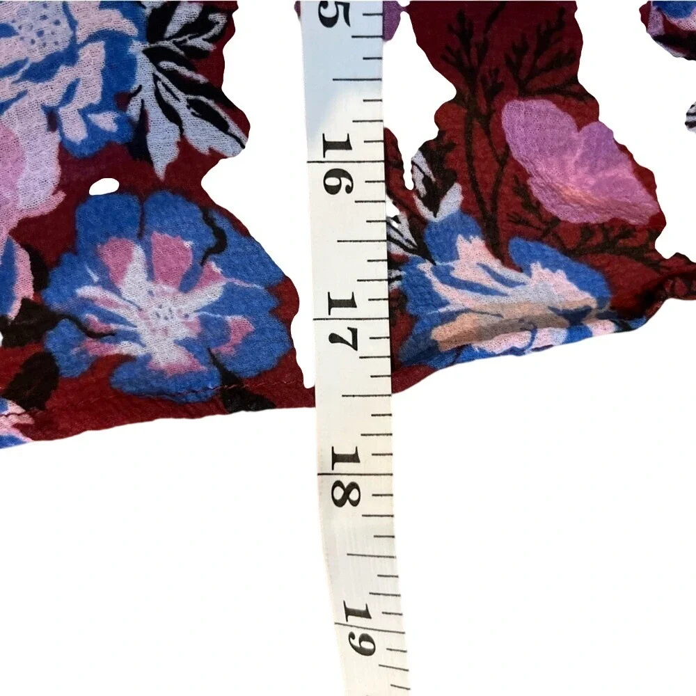 Free People Floral Tie Front Ruffle Blouse Burgundy Blue Small OB1026401‎ EUC